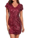 PrettyGuide Women's Sexy Deep V Neck Sequin Glitter Bodycon Stretchy Mini Party Dress, Burgundy (Short Sleeve), X-Large