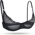 WingsLove Women's Sexy 1/2 Cup Lace Bra Balconette Mesh Underwired Demi Shelf Bra Unlined See Through Bralette, Black 38B