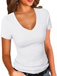 PALINDA Women's Short Sleeves Ribbed Fitted Shirt Basic V Neck Slim T Shirt Tops, White, Large