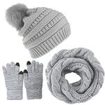 CheChury Women Winter Hat Scarf and Gloves Set Soft Warm Thick Knitted Pom Cap Touch Screen Gloves Loop Scarf 3 PCS Set,Grey,One size