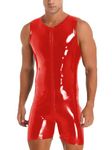 CHICTRY Men's Wet Look PVC Leather Bodysuit Catsuit Zipper Front Short Sleeves Jumpsuit Clubwear 2# Red M