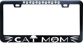 XHuiZio Paw Print Cat Mom License Plate Frame for Cat Lover, Black Stainless Steel Car Tag Frame, 6"x12" 2 Holes & Screws Fits Standard US/CA