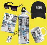 THEWHOOP Printed Lionel Messi Gift Combo Pack of Mug(350ml), Sipper Bottle(750ml), Keychain, Sunglass, Cap, Greeting Card, Birthday Gift Set For Lionel Messi Fans (Pack of 6) (Model - A)