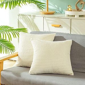 CaliTime Throw Pillow Covers Pack of 2 Comfy Corduroy Corn Striped Waffle Decorative Cushion Cases for Couch Sofa Bed Farmhouse 26 X 26 Inches Cream