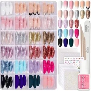 Beetles Press on Nails Kit 720Pcs 24 Colors, Press on Nails Short Almond Glossy Matte Glitter With Nail Glue & Nail Tabs Stickers, Natural Fit Lightweight Fake Nails Kit Art For Women Girls