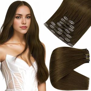 Full Shine Seamless Clip in Hair Extensions Real Human Hair Brown PU Clip in Extensions Human Hair Sandy Brown Seamless Hair Extensions Clip ins Pu Weft Real Human Hair Clip ins 16 Inch 120 g 8 Pcs