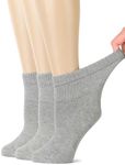 HUGH UGOLI Women's Bamboo Ankle Loose Fit Diabetic Socks, Soft, Seamless Toe, Wide Stretchy, Non-Binding Top, 3 Pairs, Light Grey, Shoe Size: 10-12