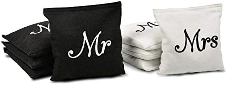 GoSports Wedding Theme Cornhole Bag Set - Includes 4 Black Mr Bags and 4 White Mrs Bags