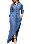 YMING Women's Denim V Neck Dress Long Sleeve Button Up Maxi Dress Simple Party Dress with Pockets Denim Light Blue L