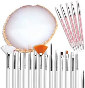 AUOCATTAIL Nail Art Design Tools 15pcs Painting Brushes Set with 5pcs 2-way Dotting Pens & A Gold-rimmed Resin Palette Nail Art Brushes Kits Nail Art Supplies Nail Art Accessories, White