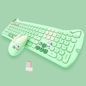 Cute Cat Keyboard and Mouse Combo Wireless, Kawaii Keyboard and Mouse for Girls and Kids, Soundless Colorful Keys, Compatible with Notebook, PC (Green-110Keys)