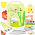 SIMSPEAR 17 Pieces Childrens Knife Set for Chopping, Toddler Kitchen Set for Real Cooking with Drawstring Bag, Wooden Knife, Cartoon Apron, Serrated Edges Toddler plastic knives, Kitchen Gloves