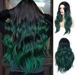 Baruisi Long Wavy Ombre Black Green Wig Synthetic Natural Middle Part Cosplay Costume Hair Wigs for Women Girls