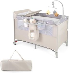 COSTWAY Cuna de Viaje para Bebé Cambiador,Cama de 2 Niveles con Juguetes Colgando,Caja de Música, Colchón y Bolsa de Transporte (Beige)
