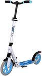 SereneLife Kick Scooter Adult Teenagers Kids- 2 Wheel Kids Scooter with Adjustable T-Bar Handlebar - Alloy Anti-Slip Deck - Portable Folding Scooters for Kids with Carrying Strap - Adult White/Blue