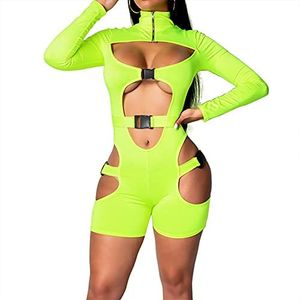 Yeshire Women's Bodycon Bag Buckle High Neck Long Sleeve Bodysuit Sexy Hollow Out Rompers Jumpsuits Clubwear X-Large Fluorescent Green