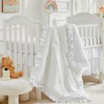 3 Pieces Tufted Crib Bedding Set with Ruffle Fringe, White Ruffled Comforter with Fitted Sheet and Bed Skirt, Soft and Embroidery Shabby Chic Boho Bohemian Jacquard Design for Baby Girls Boys