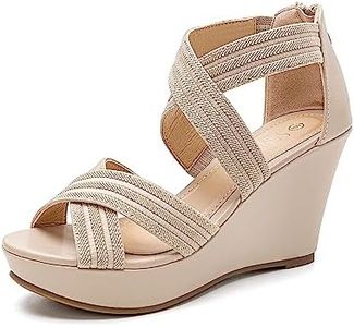 SANDALUP Beige Wedge Sandals for Women Dressy Comfortable Ankle Strap Open Toe Wedding Shoes Size 9