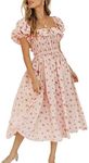 R.Vivimos Womens Summer Floral Print Puff Sleeves Vintage Ruffles Midi Dress (Small, Pink)