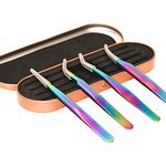GEMERRY Eyelash Extension Tweezers 4pcs Rainbow Tweezers Set Stainless Steel Precision Tweezers for Eyelash Extension Straight and Curved Tip Tweezers Set Professional Makeup Tool (4pcs, Rainbow)