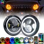 Xprite 7 Inch Bluetooth RGB LED Headlights for 1997-2018 Jeep Wrangler JK TJ LJ, w/ Halo Ring DRL and Turn Signal Function, CREE Led Chip, 90W 9600 Lumens Hi/Lo Beam Round Headlamps