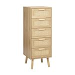 Finnhomy Rattan Chest of Drawers Bedroom, Tall Chester Drawers with 5 Hand Made Rattan Decorated Drawers for Bedroom, Small Bedside Cabinet with Wood Legs, Natural