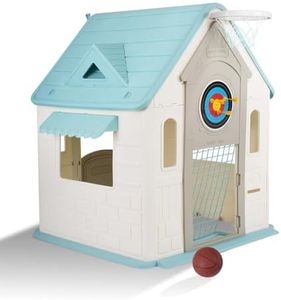 Charming Cottage Playhouse for Kids - Indoor Outdoor Play House with Basketball Hoop, Dart Board & Soccer Goal - Educational Role Play Toy for Kids 3-8Y