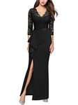 MISSMAY Women's Vintage Floral Lace Ruffle 3/4 Sleeves Evening Party Formal Long Dress (Large, Black)