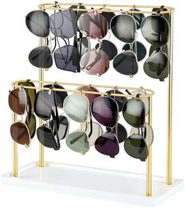 Himake Sunglasses Organizer Glasses Holder Stand for 28 Pairs of Eyewear, 2 Tier Eyeglasses Display ,Gold Sunglass Storage Rack Metal Frame with Wood Base for Table Desk Countertop Dresser Bedroom