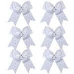 8 Inch Jumbo Cheerleader Bows with Rhinestones Ponytail Holder Cheerleading Bows Hair Tie College (White)