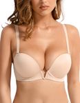 Crushnow Plunge Bras fow Women Padded Deep V Neck Push Up Wired Support T-Shirt Brassiere Add Cup Size, Nude, 16C