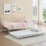 Twin Daybed with Trundle, Modern Pull Out Day Bed Frame with Vintage Headboard, Metal Daybed with Sturdy Slat Support, Easy Assemble, for Small Spaces, Kids Room, Living Room, Guest Room, White