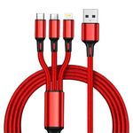 WAVENEX Multi Port USB Data Cable 3 in 1 Fast Charging 3.1-A Nylon Braided Cable,1.25 meter with Type-C, Micro USB Port and Lightning Port Connectors for Speaker, Smartphone (Red)