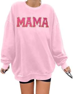 YI XIANG RAN Mama Sweatshirt for Women Oversized Mama Glitter Patch Shirt Casual Long Sleeve Pullover Loose Blouse Tops, Lightpink, Medium