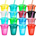 Kids Plastic Cups with Lids,15Pack Reusable Bulk Funny Travel Tumblers Set for Birthdays - Party & Travel - 16oz Iced Smoothie Coffee Drinking Cup, Multi Colors