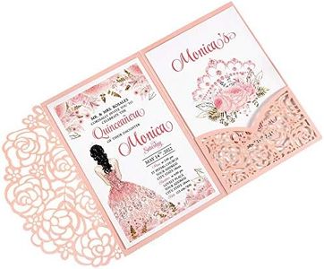 DreamBuilt 4.7 x7 inch 50PCS Blank Pink Quinceanera Invitations Kit Laser Cut Hollow Rose Pocket Quinceanera Invitation Cards with Envelopes for Bridal Shower Quincenera Birthday Invite