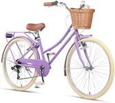 Glerc 26 Inch Beach Cruiser Bike, 6-Speed Hybrid City Bicycle for Girls Youth and Over 6 Years Old, Missy Bike with Wicker Basket & Lightweight, Purple