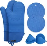 Rorecay Extra Long Oven Mitts and Pot Holders Sets: Heat Resistant Silicone Oven Mittens with Mini Oven Gloves Hot Pads Potholders for Kitchen Baking Cooking, Quilted Liner, Pack of 6 (Lake Blue)
