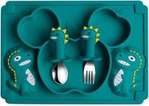 Adore Dino Era Baby Silicone Feeding Set for Baby Plate Silicone Feeding Bowl Dishes Suction Plate Baby Toddler Plate with Fork Spoon Utensils Set (Green)