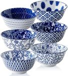Cerkik Ceramic Soup Bowls Set - 24 Oz Deep Cereal Bowl - 6 Inch Large Porcelain Dinner Bowl Eating Salad Pasta Dessert Oatmeal - Microwave Dishwasher Safe - Set of 6 - Vintage Blue