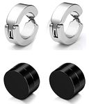 Uniqon (2 Pair) CMB7340 Trendy Silver And Black Round Shaped Press Non-Piercing And (8mm Medium Size) Magnetic Style Clip On Metal Barbell Earring Hoop Bali Stud For Men And Women