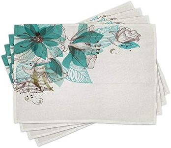 Ambesonne Turquoise Place Mats Set of 4, Flowers Buds Leaf at The top Left Corner Festive Season Celebrating Theme, Washable Fabric Placemats for Dining Room Kitchen Table Decor, Teal Pale Green