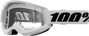 100% Strata 2 Goggles | Mirrored & Clear Lens Options | MTB/MX Goggles – Anti-Fog, Sweat-Absorbing Foam, Silicone Strap | Adult Off-Road Riding Eyewear Protection (White, Clear Lens)
