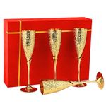 Professional Handicrafts 24K Gold Plated Brass Wine Glasses, Metal Goblet, Champagne Flutes, Wedding Anniversary Gift for Couple Marriage, Corporate Clients- Set of 4 Flute Design