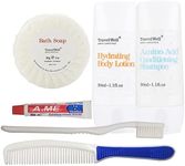 TRAVELWELL Hotel Toiletries Amenities Bulk Individually Wrapped 30ml Shampoo & Conditioner 2 in 1, Round Tissue Pleated 28g Cleaning Travel Soap In Bulk, Comb,Toothbrush Toothpaste, Body Lotion 25 Set