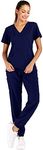 Minty Mint Women's Solid Stretch Medical Uniform Scrub Set V Neck Top Cargo Tapered Jogger Pants Indigo Blue M