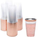 Prestee Rose Gold Rim Plastic Cups, 14 oz. 50 Pack, Hard Clear Plastic Cups, Disposable Party Cups, Fancy Wedding Tumblers, Elegant Decoration Cups, Plastic Tumblers Bulk