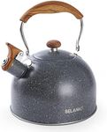 Tea Kettle, BELANKO 85 OZ / 2.5 Liter Whistling Tea Kettle, Tea Pots for Stove Top Food Grade Stainless Steel with Wood Pattern Folding Handle, Loud Whistle Kettle for Tea, Coffee, Milk - Gray