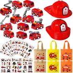 Lorfancy 48 Pcs Firefighter Party Favors Set Fire Truck Toy Kids Boys Helmets Hats Stickers Bag Accessories Toddler Fireman Birthday Supplies Gifts, Multicolor