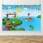 Renaiss 7x5ft Fishing Pond Backdrop for Photoshoot Boys Girls Kids Portrait Bunting Boat Fishes Green Bank Blue Sky Photography Background Baby Shower Newborn Birthday Party Decors Photo Studio Props